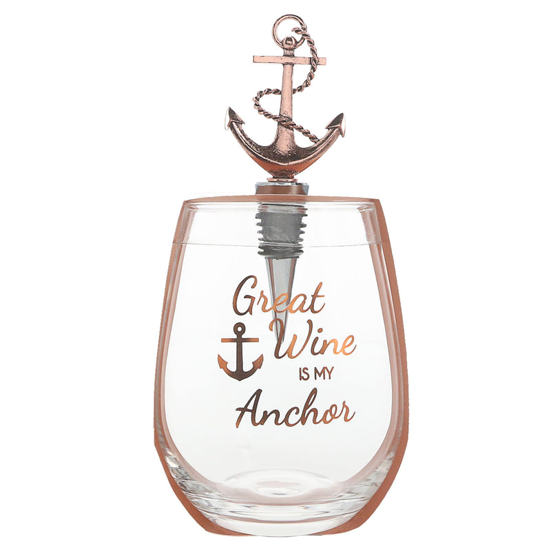 Anchor Bottle Stopper and 20 oz Stemless Gift Set