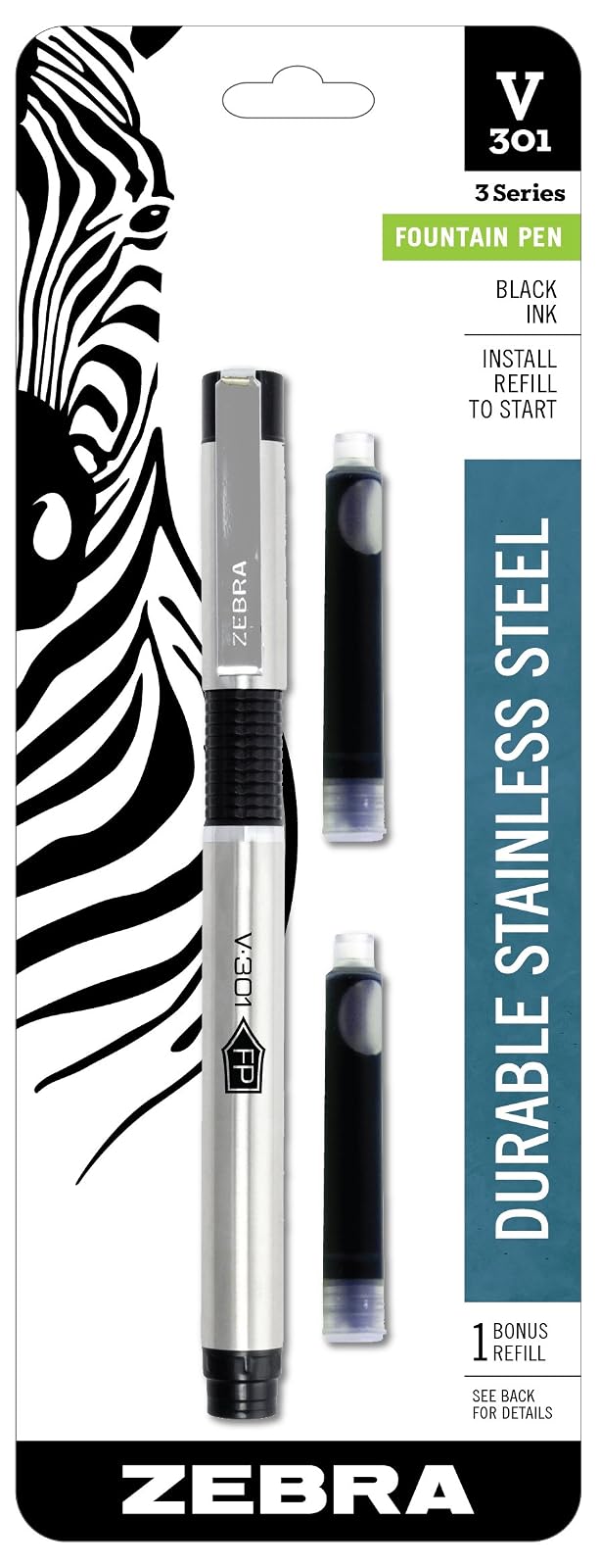 Zebra Pen V-301 Fountain Pen, Stainless Steel Barrel, Fine Point, 0.7mm, Black Ink, 1-Pack with Refill
