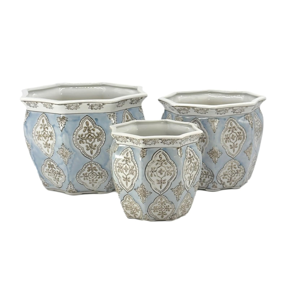 Galt International Planter, 7.5", 10", 13", Light Blue & White - Round Fluted
