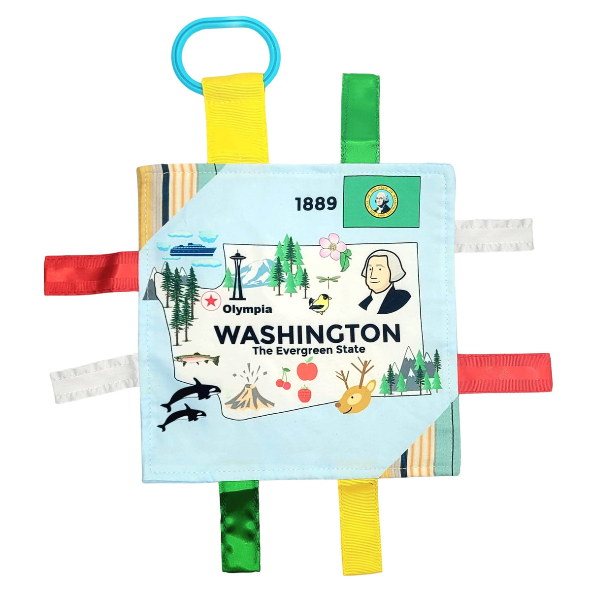Baby Jack & Co 8x8” Learning Lovey Washington State Tag Stroller Toy for Babies - Crinkle Toys for Developing Five Senses - Learn About Capitals - Travel with Baby Jack - BPA Free Clip