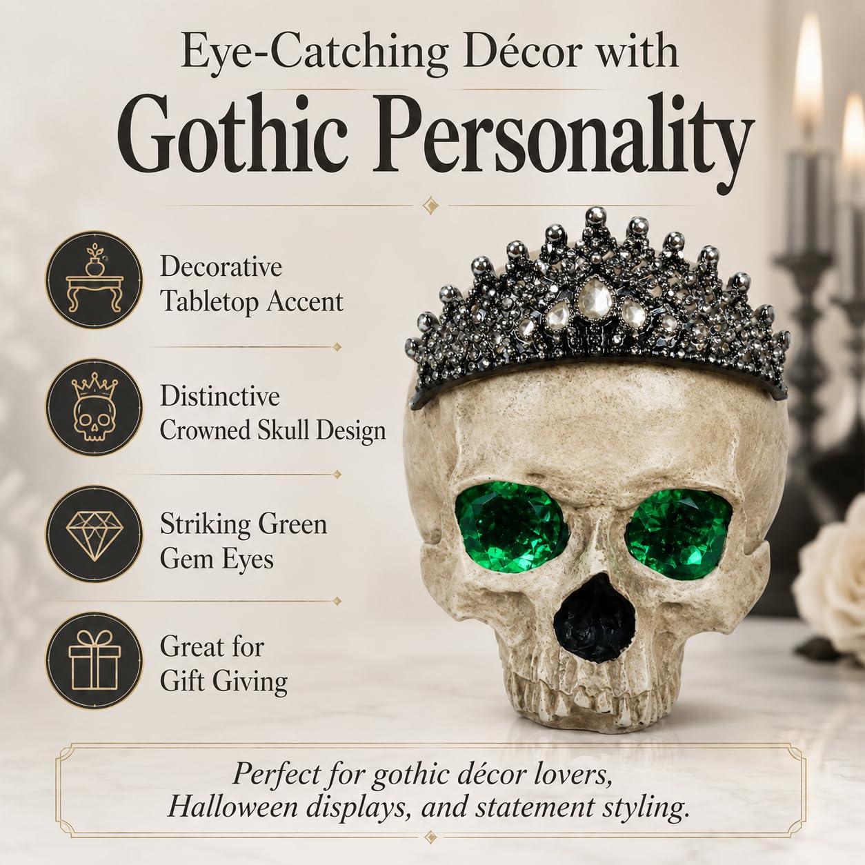 Comfy Hour Fairyland Collection Resin Horrific Human Skull Head Bone Wearing Crown with LED Light in Eyes Statue, Halloween Accent Decor, Polyresin