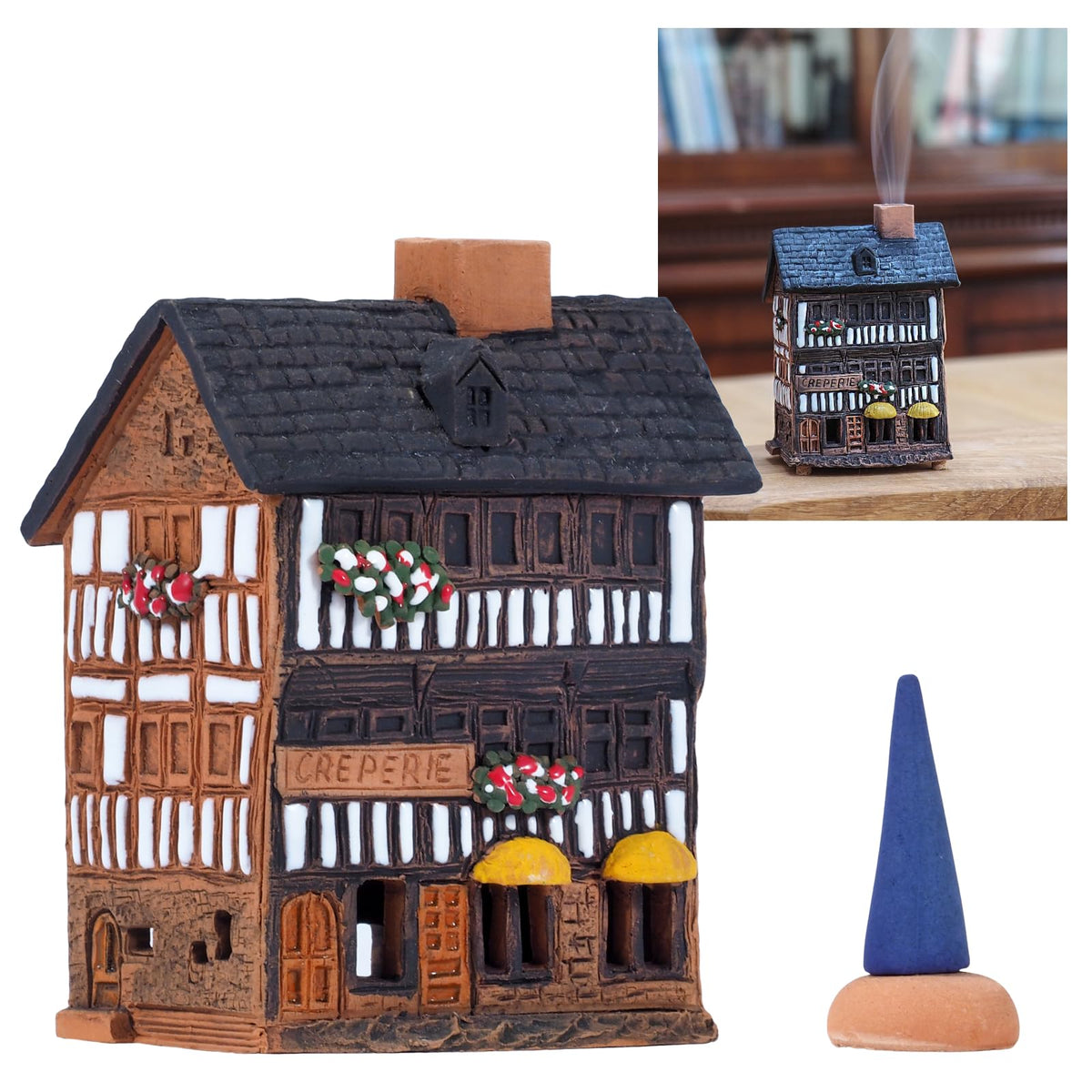 Midene Incense Holder, 3.5" Tall, Brown, Black. Yellow, White