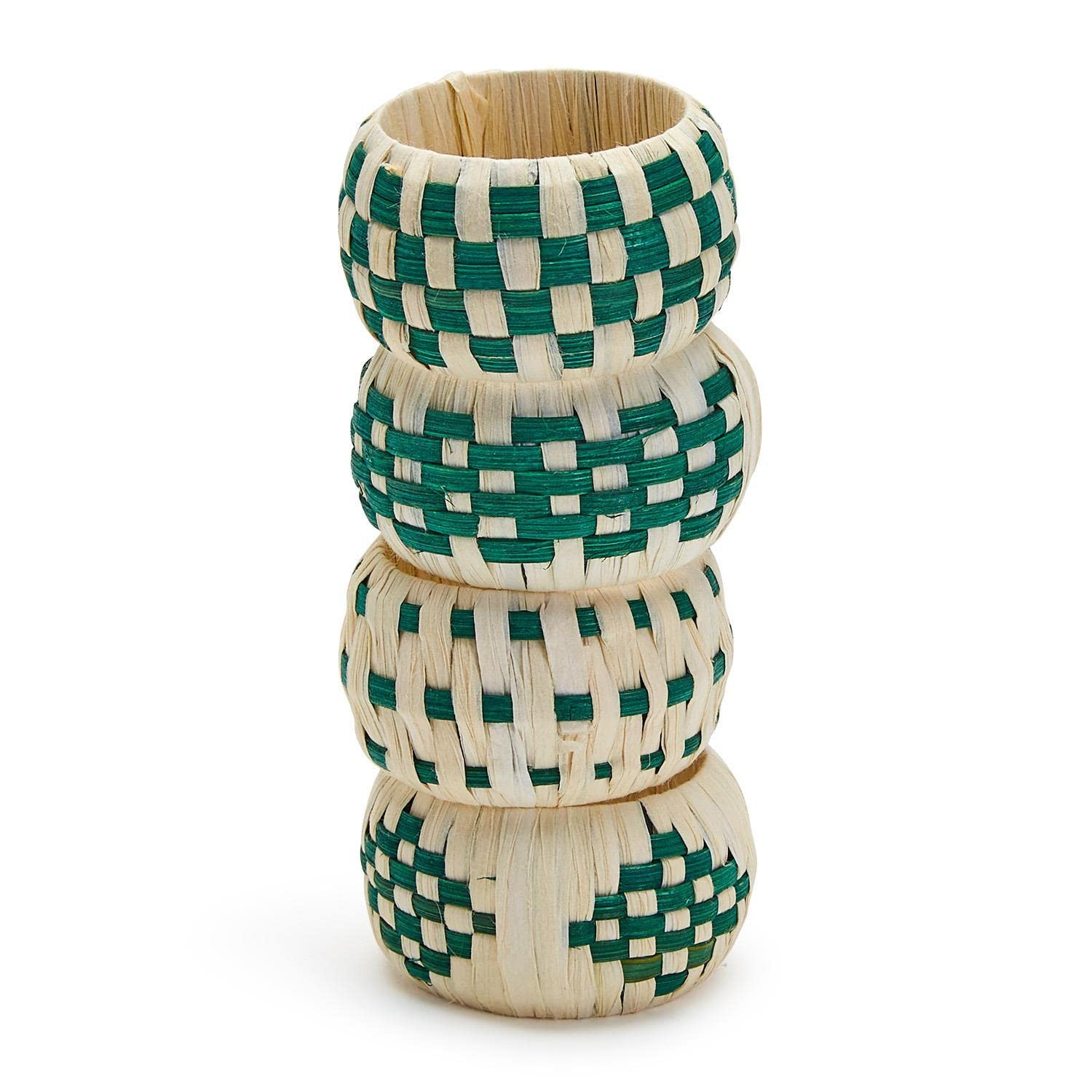Two's Company Woven Garden Napkin Rings, 2-inch Diameter, Set of 4, Raffia, Cane