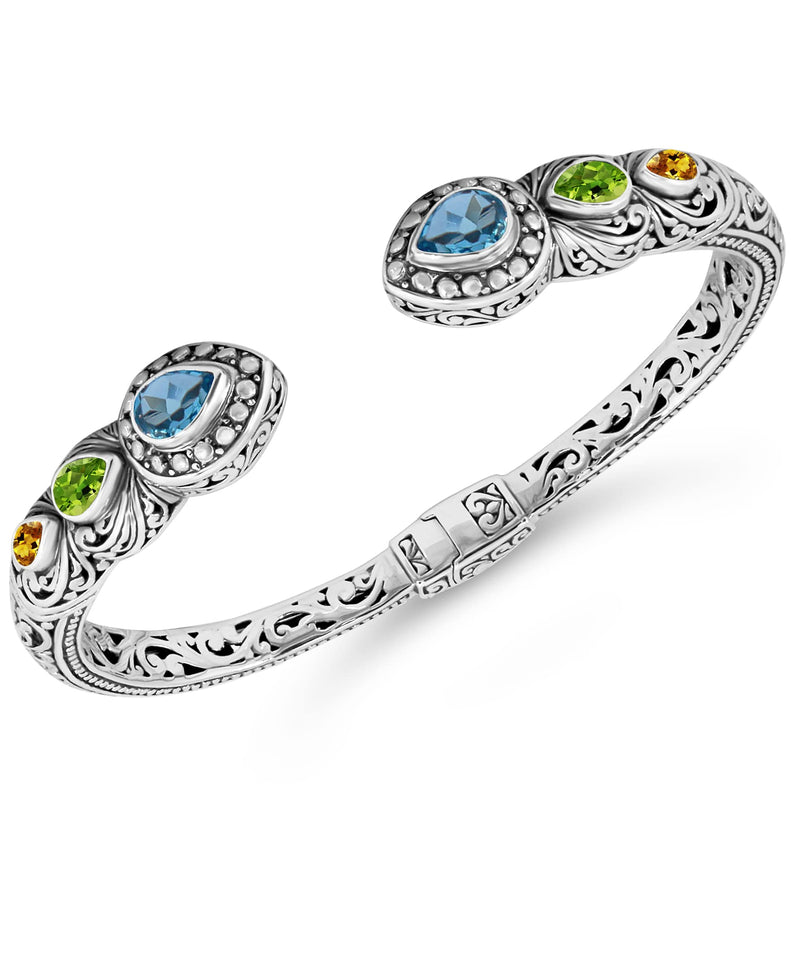 DEVATA Sterling Silver 925 with Blue Topaz, Peridot and Citrine Bali Filigree Cuff Bracelet DHK3226ASSXB (Size S)