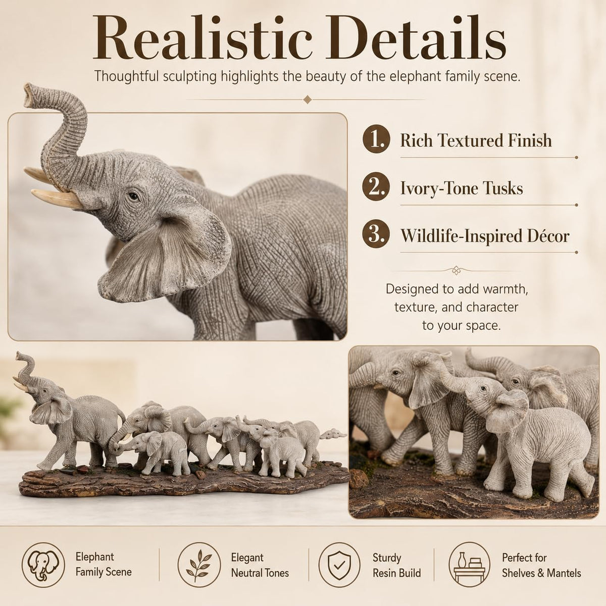 Comfy Hour 15.55 Inch Elephant Statue, Elephant Decor, Family Figurine