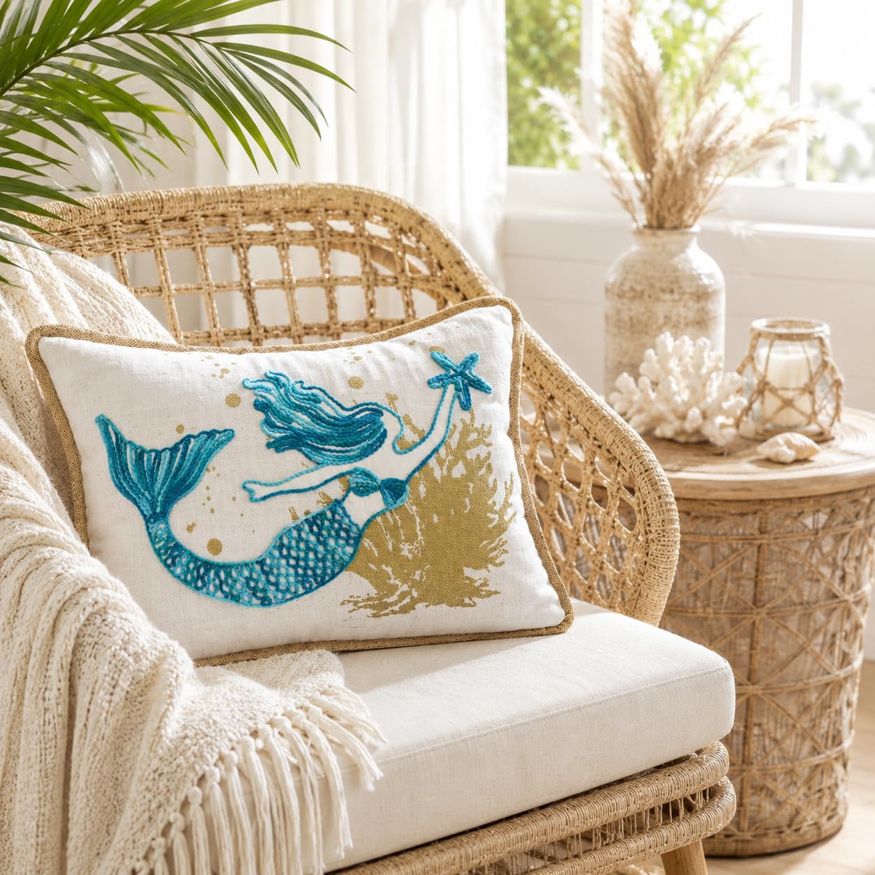 Comfy Hour 18 x 13 Inch Mermaid Pillow, Starfish Coastal Decor
