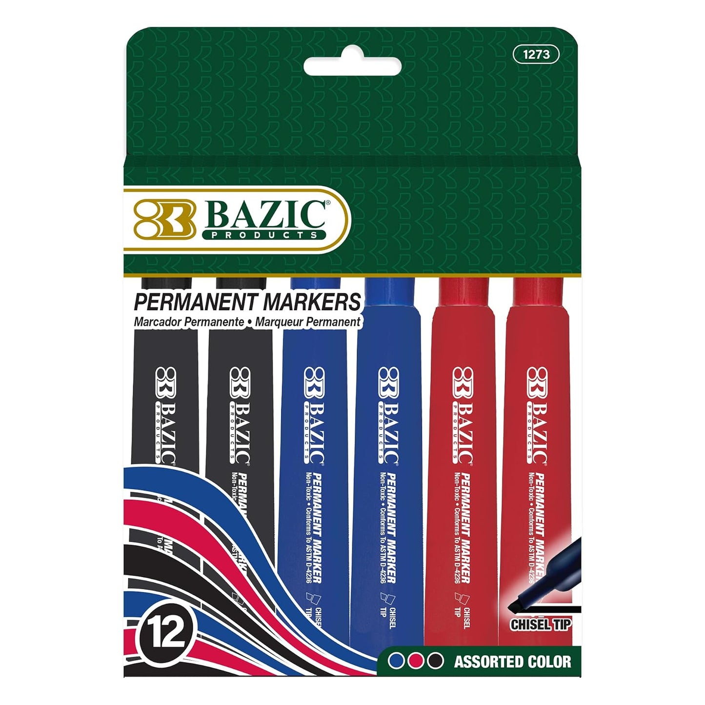 BAZIC Assorted Color Chisel Tip Desk Style Permanent Markers (12/Box)