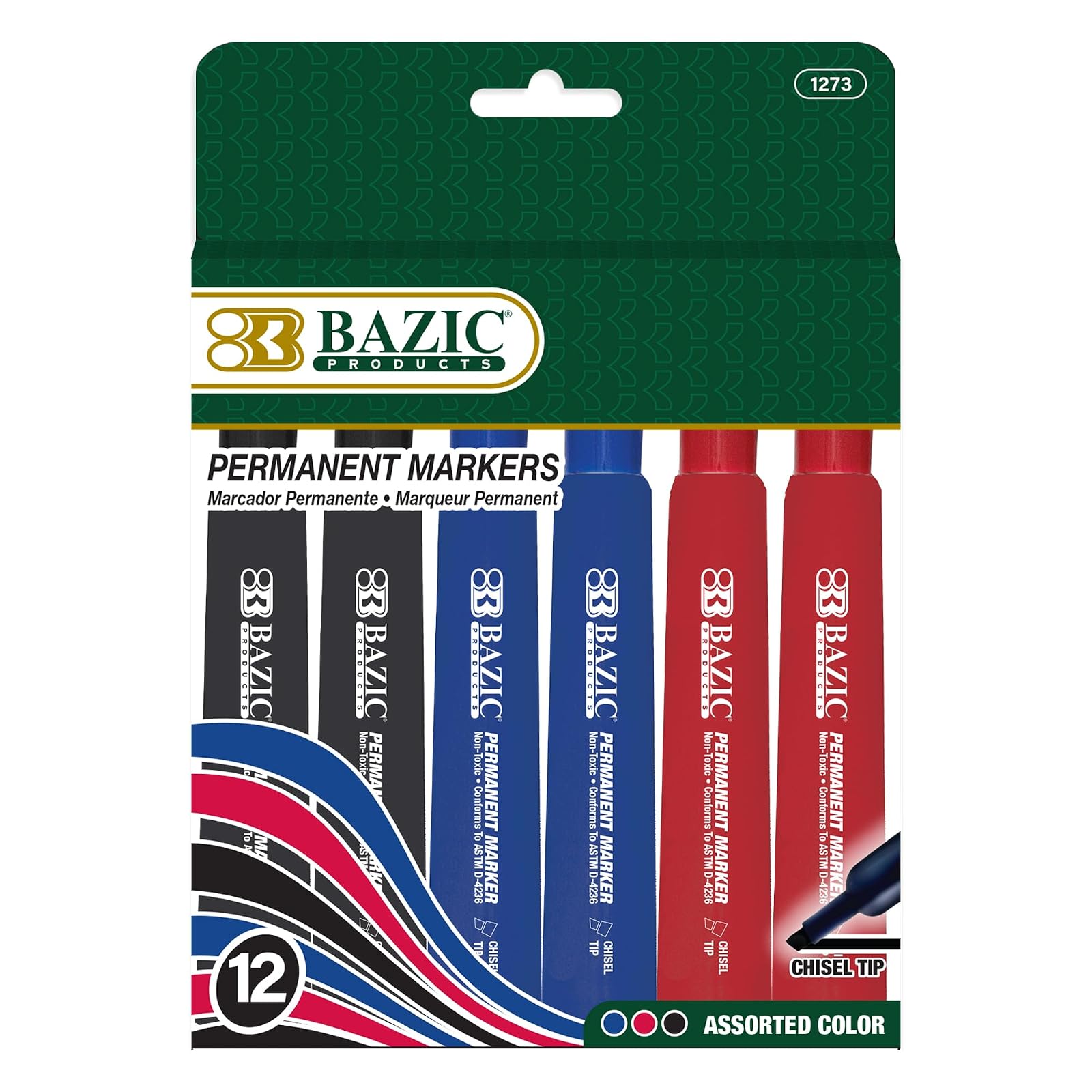 BAZIC Assorted Color Chisel Tip Desk Style Permanent Markers (12/Box)