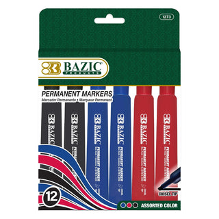 BAZIC Assorted Color Chisel Tip Desk Style Permanent Markers (12/Box)