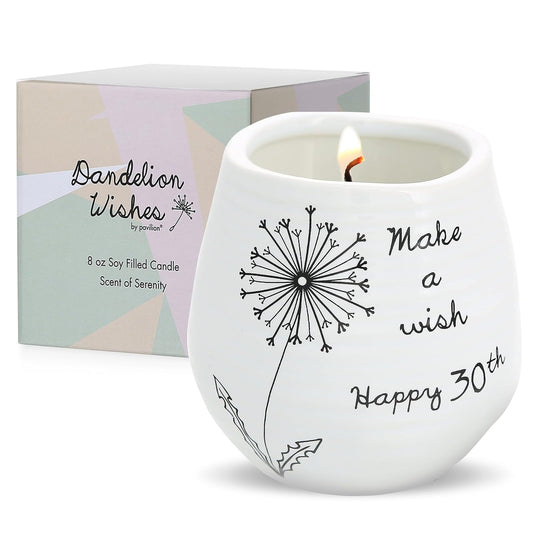 Pavilion Gift Company Make A Wish Happy 30th Birthday - 8 oz Soy Wax Candle with Lead Free Wick in A White Ceramic Vessel 8 oz-100 Scent: Serenity, 3.5 Inch Tall