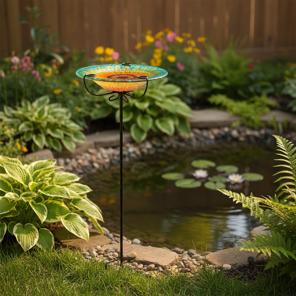 Comfy Hour Bird Meets Garden Bath Collection 28" Chrysanthemum Glass Top Birdbath Birdfeeder Metal Art Garden Stake