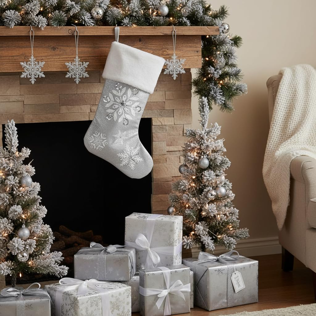 Comfy Hour 18 Inch Christmas Stocking, Silver Snowflake Decor, 1 Unit