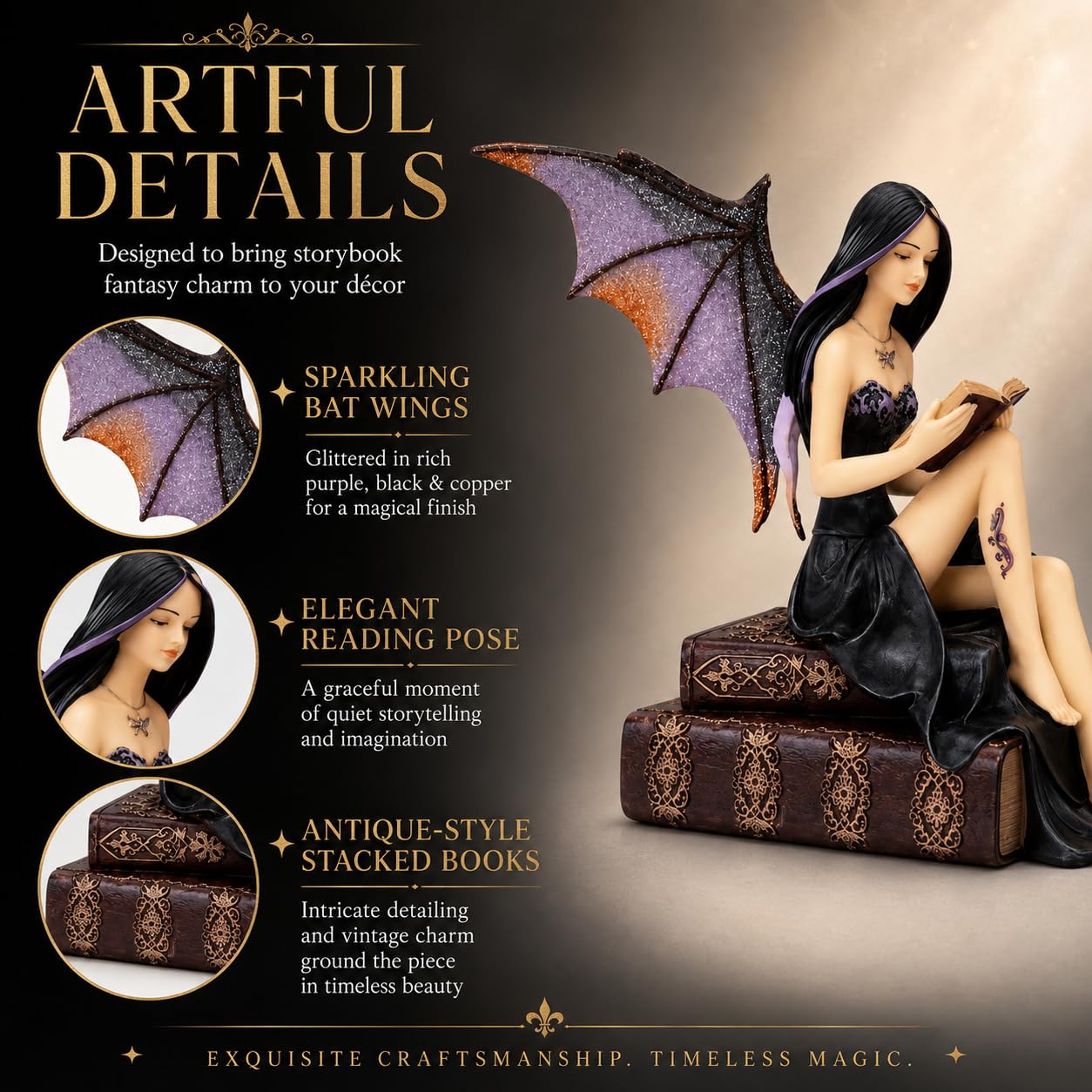 Comfy Hour Fairyland Collection 9 Reading Book Dark Fairy Witch Figurine, Home Decoration And Collectibles, Polyresin