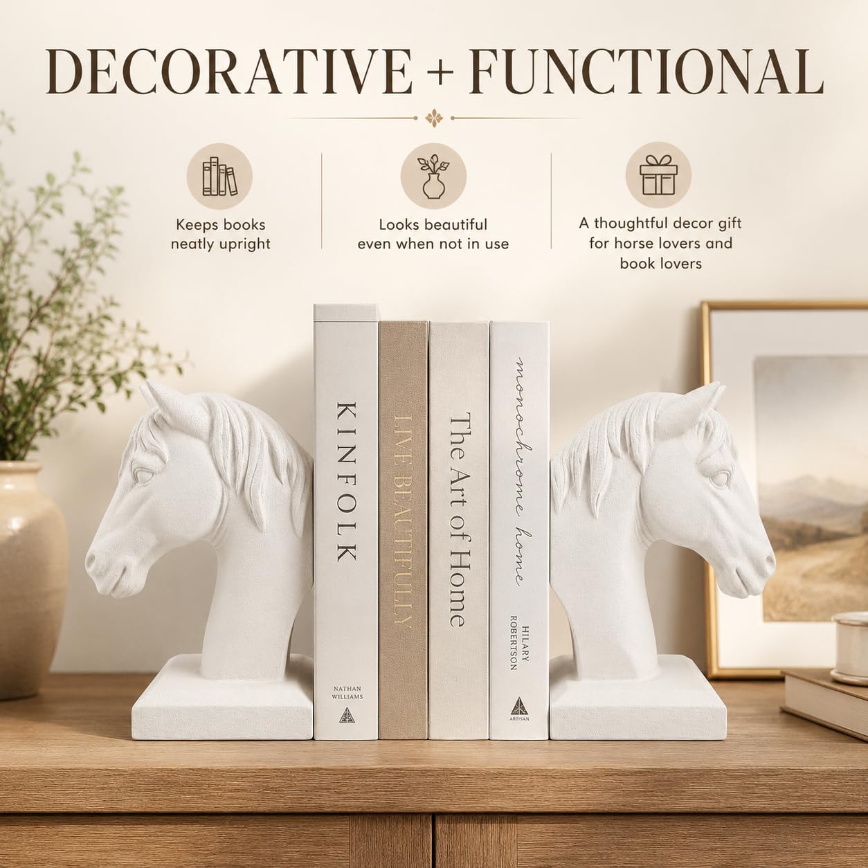 Comfy Hour Farmhouse Home Decor Collection 5" Length 7" Height Set 2 Horse Head Bookends Art Bookend, 1 Pair, Antique Style, Heavy Weight, White, Polyresin