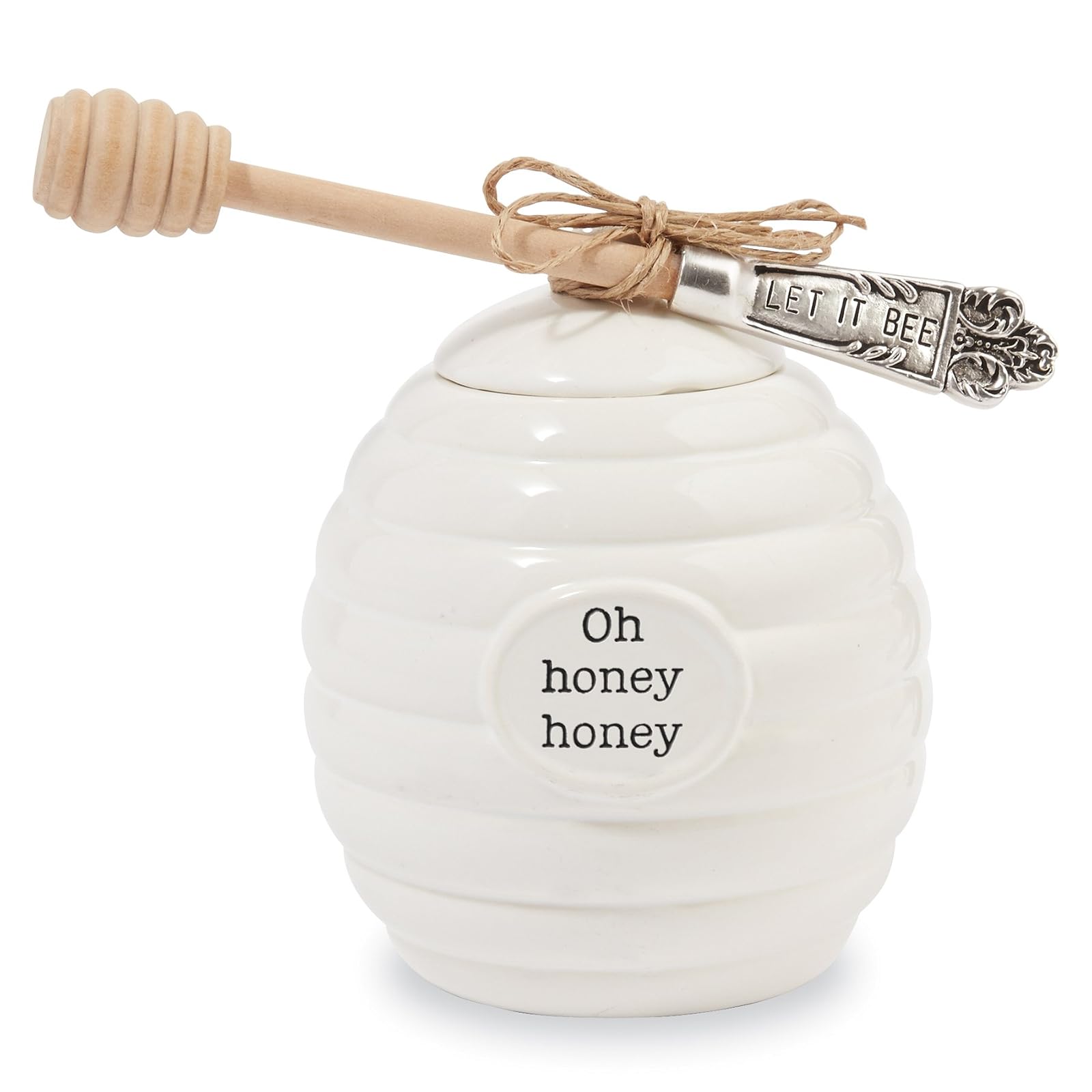 Mud Pie Honey Pot Serving Set, 4.5" x 4" Diameter, Ceramic, White
