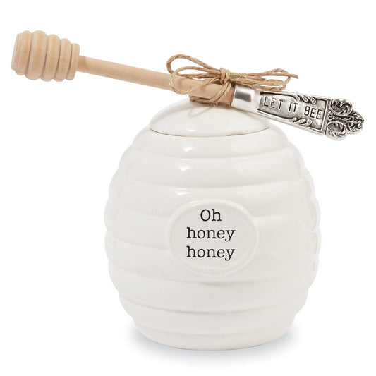 Mud Pie Honey Pot Serving Set, 4.5" x 4" Diameter, Ceramic, White