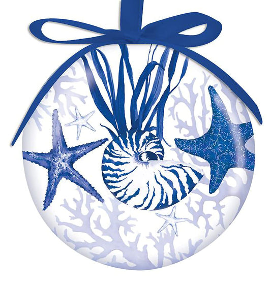Cape Shore Christmas Ball Ornament, Indigo Shells, Holiday Tree Decoration, Home Collection, Multicolor