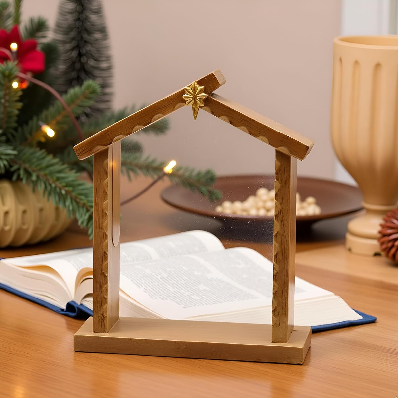 Comfy Hour 9.1 Inch Manger Nativity Stable, Gold Star Creche, 1 Unit