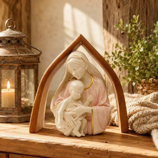 Comfy Hour 10 Inch Mary Statue, Madonna and Child, Wooden-Look Arch