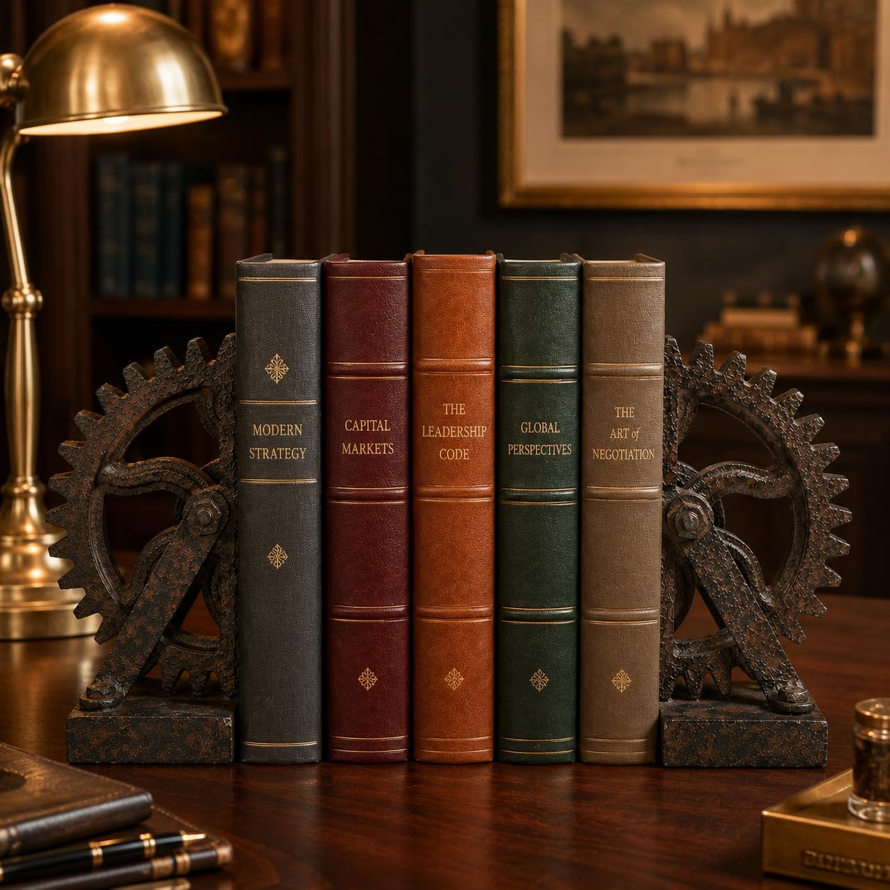 Comfy Hour Farmhouse Home Decor Collection Resin Set 2 Wheel Gear Bookends Art Bookends Solid Heavy Weight, Brown & Black