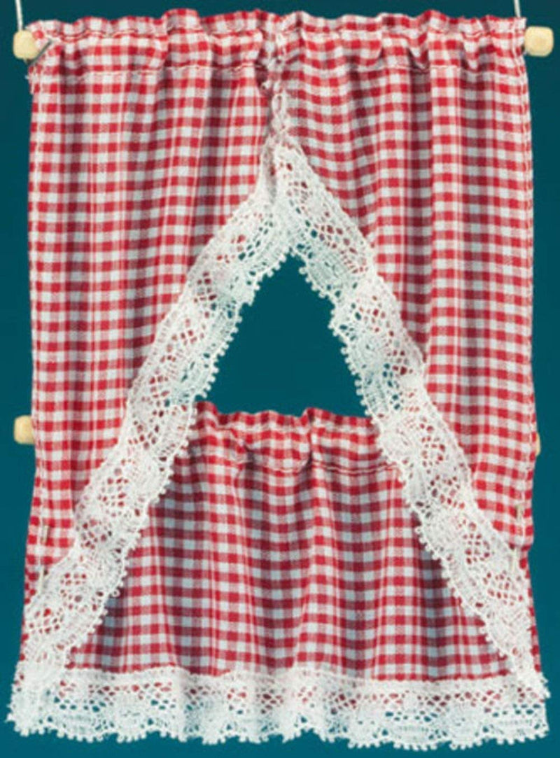 Melody Jane Dollhouse Red Gingham Kitchen Curtains &amp; Valance on Rail Miniature Accessory