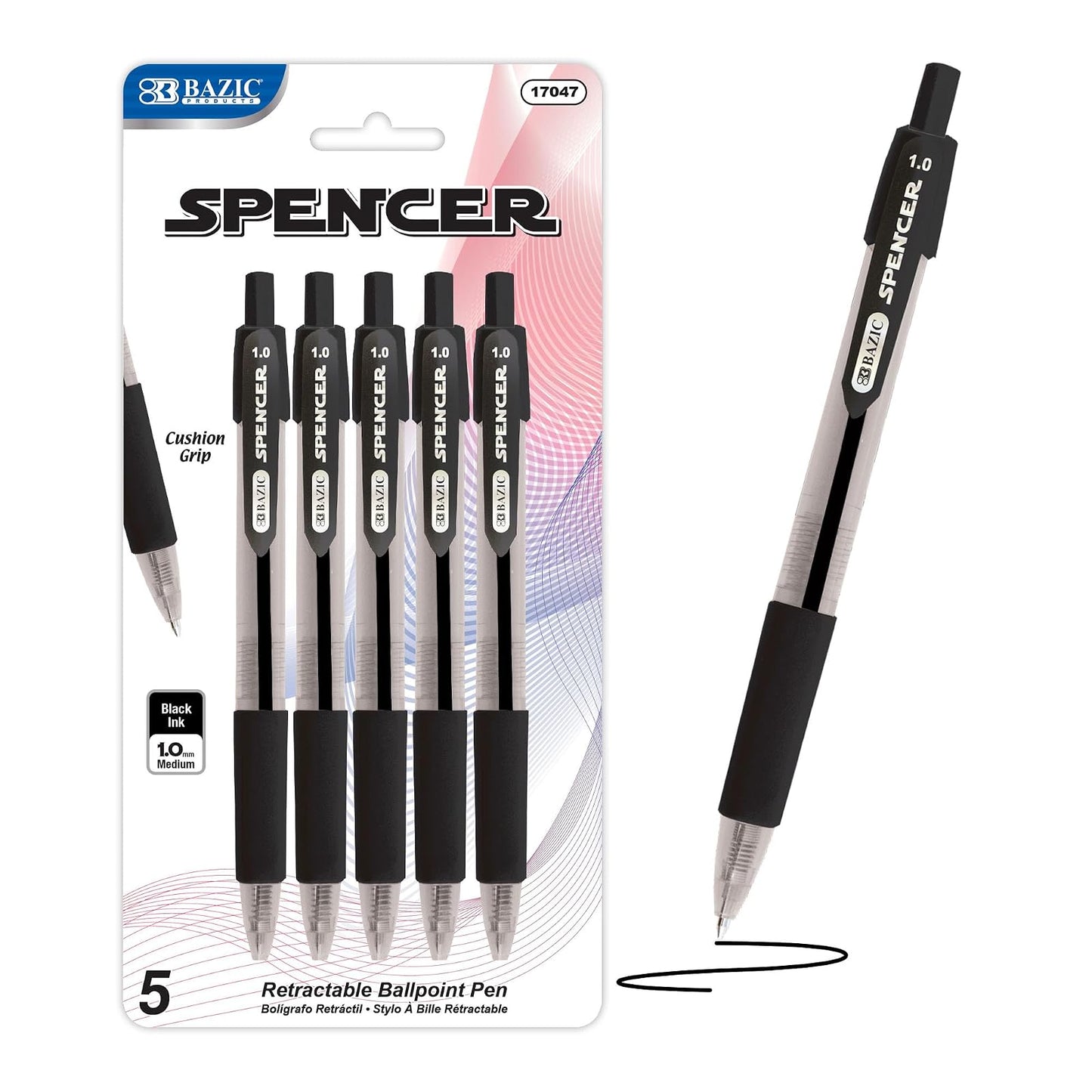 BAZIC Spencer Black Retractable Pen w/ Cushion Grip (4/Pack)
