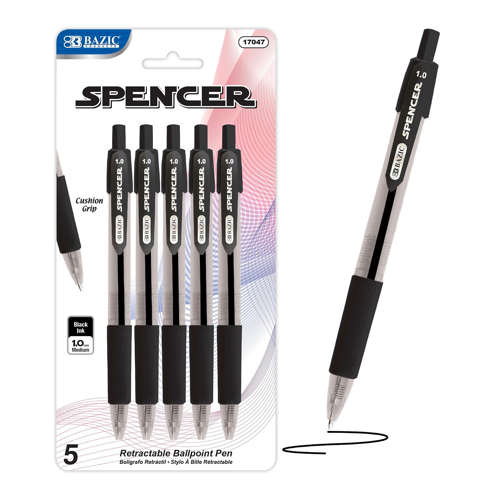 BAZIC Spencer Black Retractable Pen w/ Cushion Grip (4/Pack)