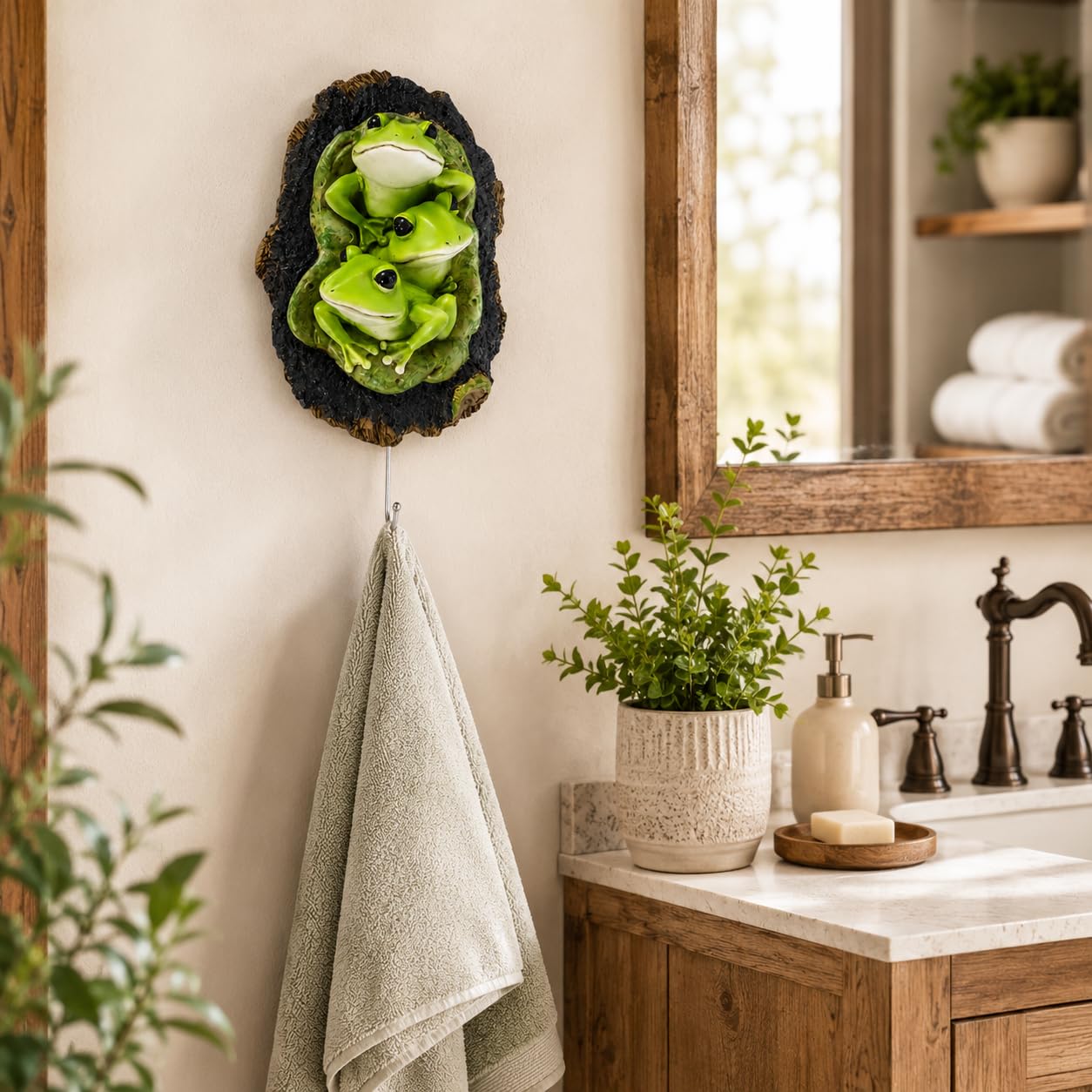 Comfy Hour 9.3 Inch Frog Figurine Wall Hanger, Tree Cavity Hook
