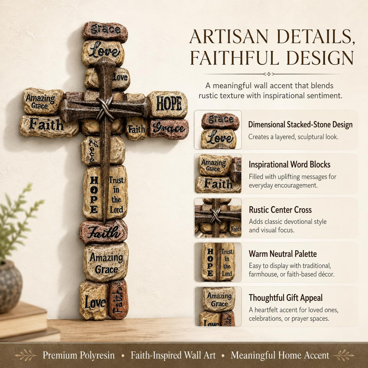 Comfy Hour 12 Inch Cross Wall Decor, Stacked Stone Wall Cross