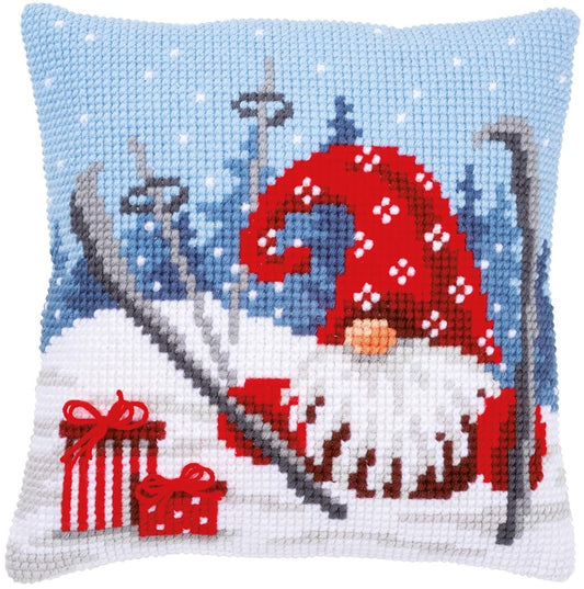 Vervaco Cross Stitch Christmas Embroidery Kits Pillow Front for Self-Embroidery with Embroidery Pattern on 100% Cotton, 15,75 x 15,75 Inches - 40 x 40 cm, Christmas Gnome Skiing