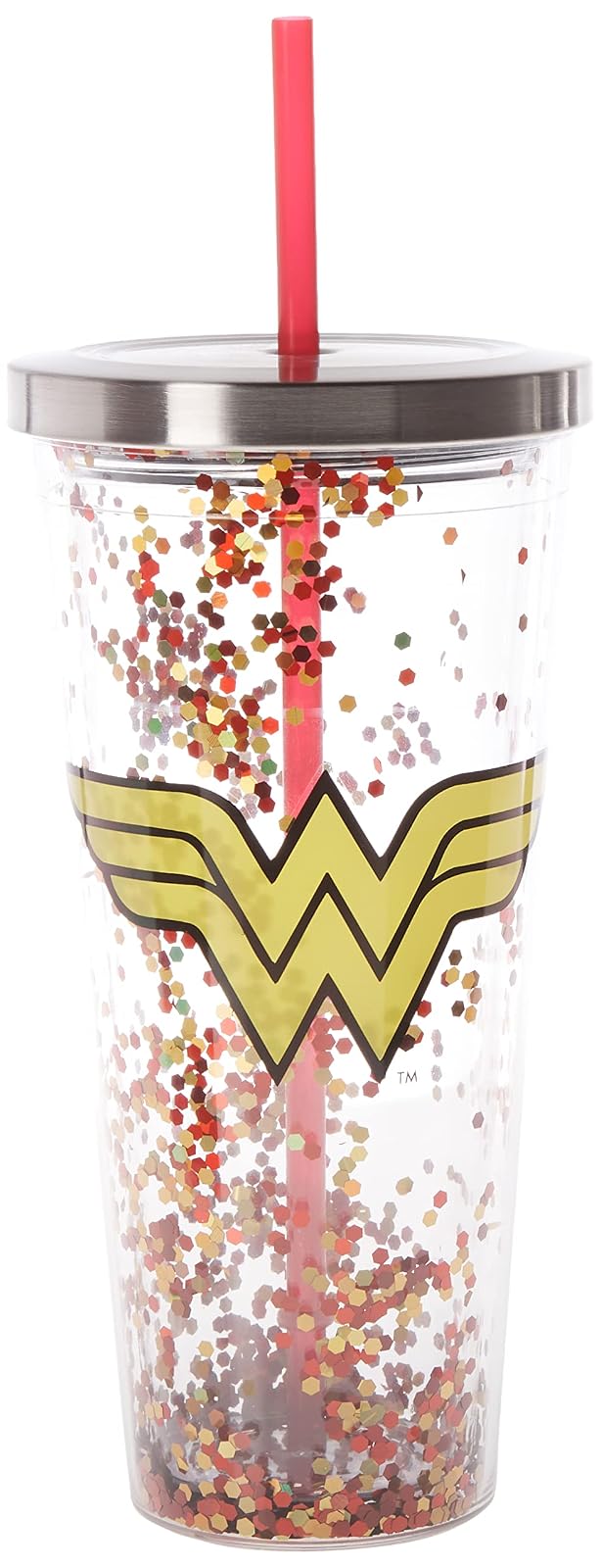 Spoontiques 21337 Wonder Woman Logo Glitter Cup w/Straw, One Size, Red & Gold