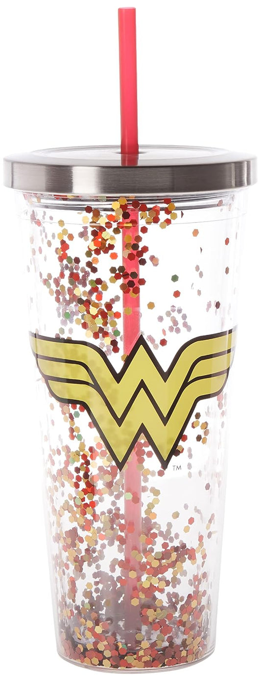Spoontiques 21337 Wonder Woman Logo Glitter Cup w/Straw, One Size, Red & Gold