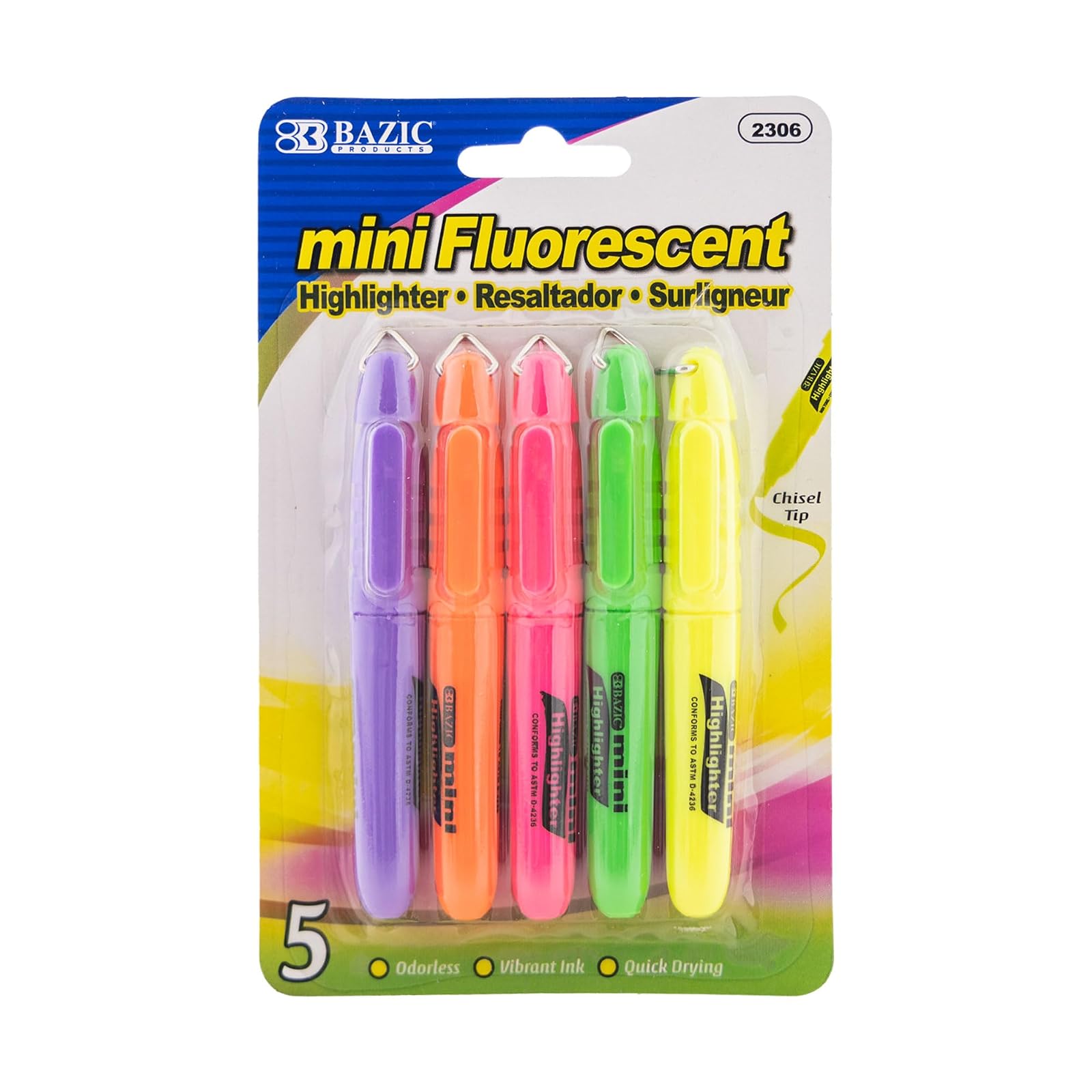BAZIC Mini Fluorescent Highlighter w/Cap Clip, Chisel Tip Neon Unscented Quick Dry Vibrant Ink, Bulk Pack Great for SketchBook Text Books Art Students Office (6/Pack), 1-Pack