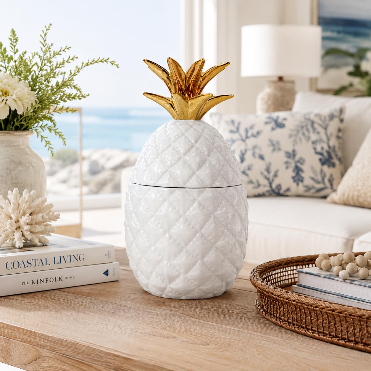 Comfy Hour Farmhouse Home Decor Collection 9" Pineapple Storage Jar Candy Jar Cookie Jar With Lid, High Gloss White and Gold Stoneware