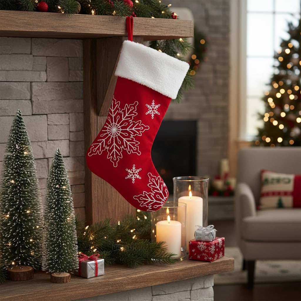 Comfy Hour Winter Holiday Home Collection 18"x11" Christmas Winter Snowflake Stocking, Red, Polyester