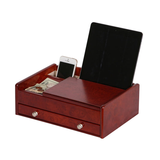 Mele and Co. Davin Men's Wooden Dresser Top Valet in Dark Burlwood Walnut Finish