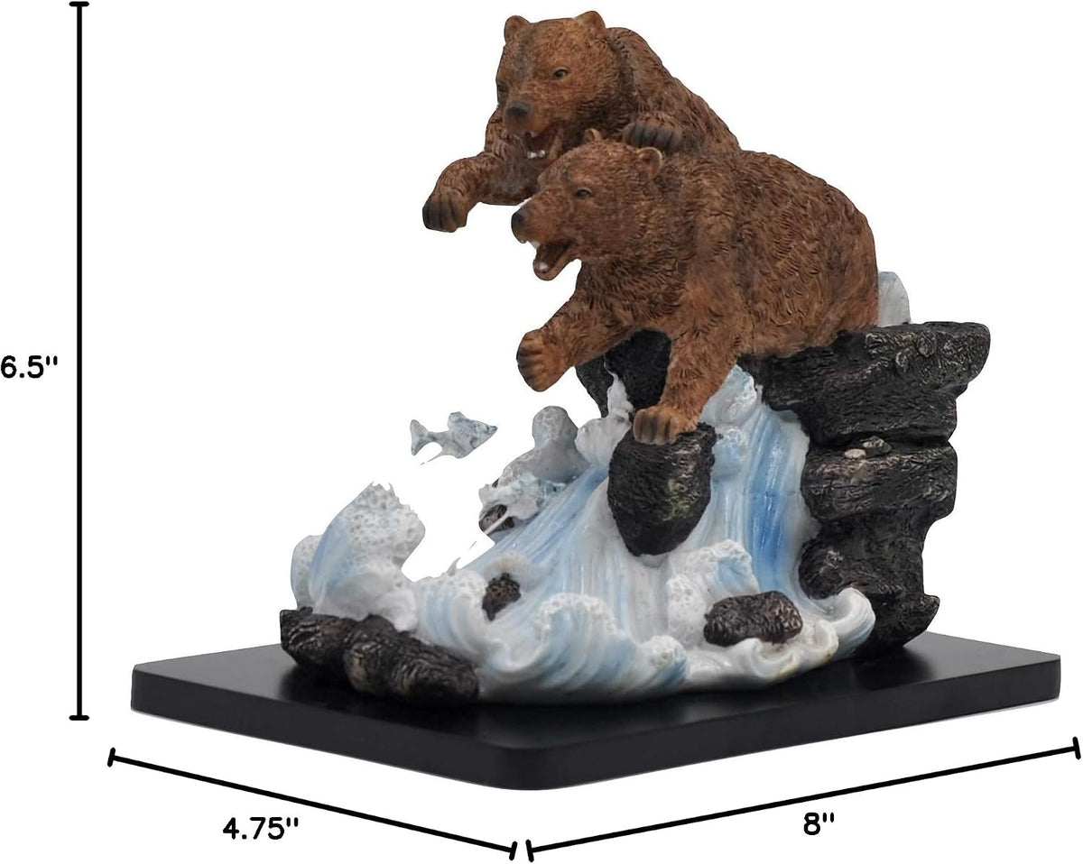 Comfy Hour Wildlife Collection 8 Grizzly Bear Couple Catching Salmon and Fish Figurine, Realistic Lifelike Animal Statue Home Decoration, Brown, Resin Stone