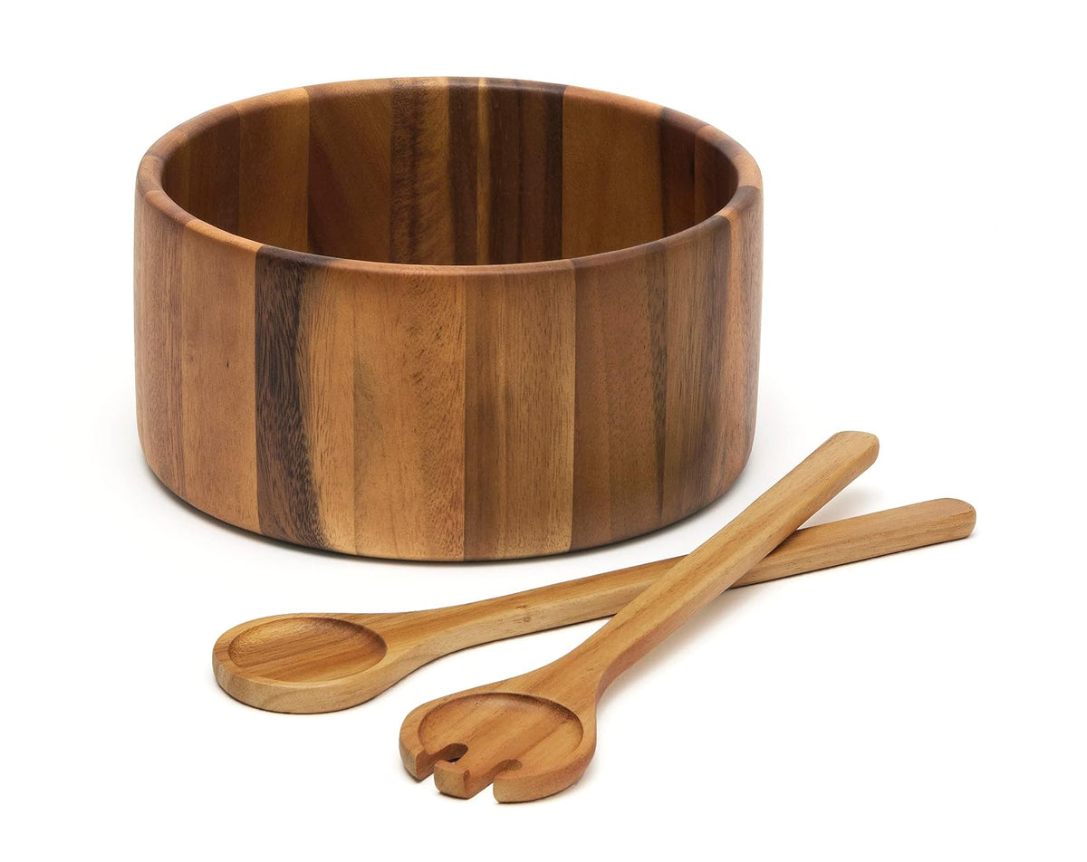Lipper International Acacia Straight Side Bowl for Serving Salads and Fruits, Large, Includes Servers, Natural