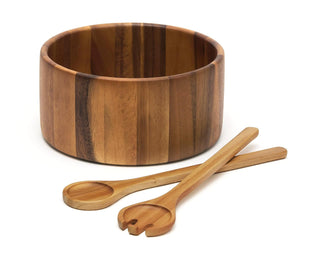 Lipper International Acacia Straight Side Bowl for Serving Salads and Fruits, Large, Includes Servers, Natural
