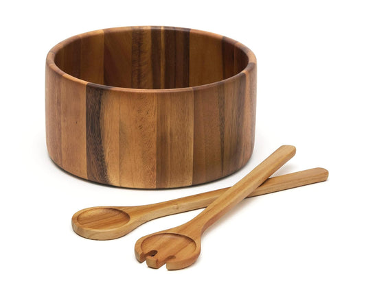 Lipper International Acacia Straight Side Bowl for Serving Salads and Fruits, Large, Includes Servers, Natural