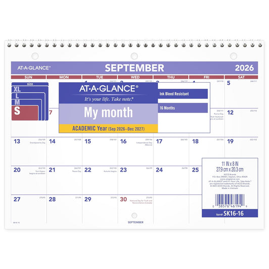 AT-A-GLANCE Calendar, 11"W x 8"H, White