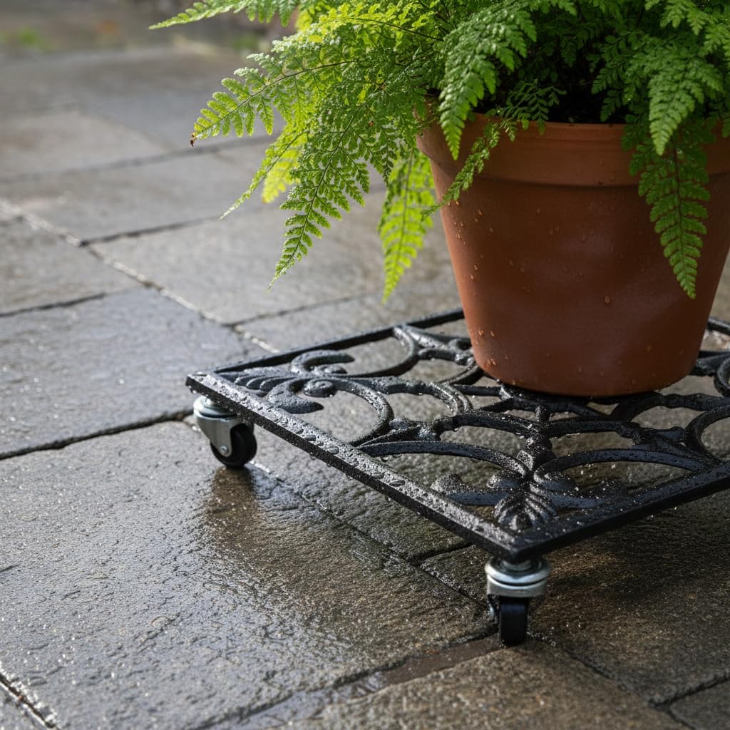 Comfy Hour Rustic Style Outdoor Collection Cast Iron Garden Plant Trolley Flowerpot Holder, with Heavy Duty Super Strong Industrial Strength Iron Wheels