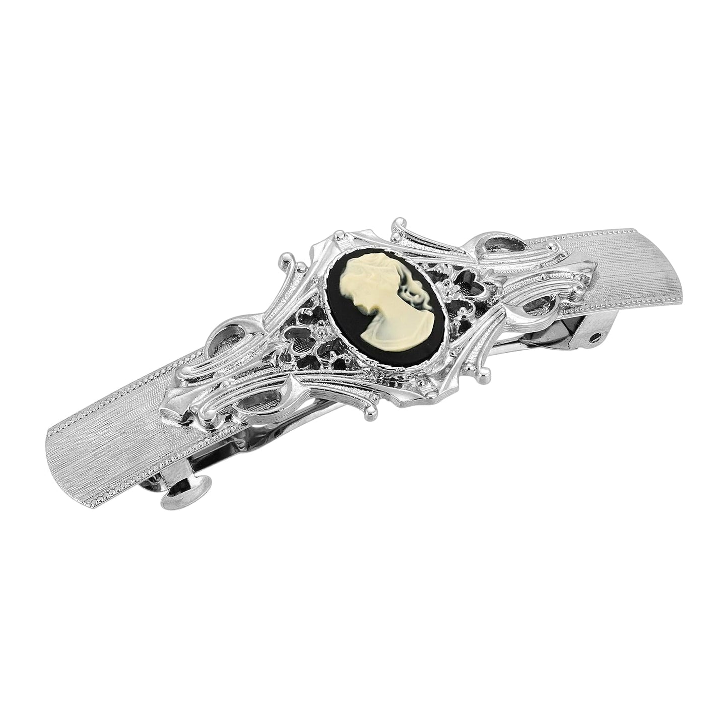 1928 Jewelry Silver-Tone Black And Simulated Ivory Cameo Oval Bar Barrette