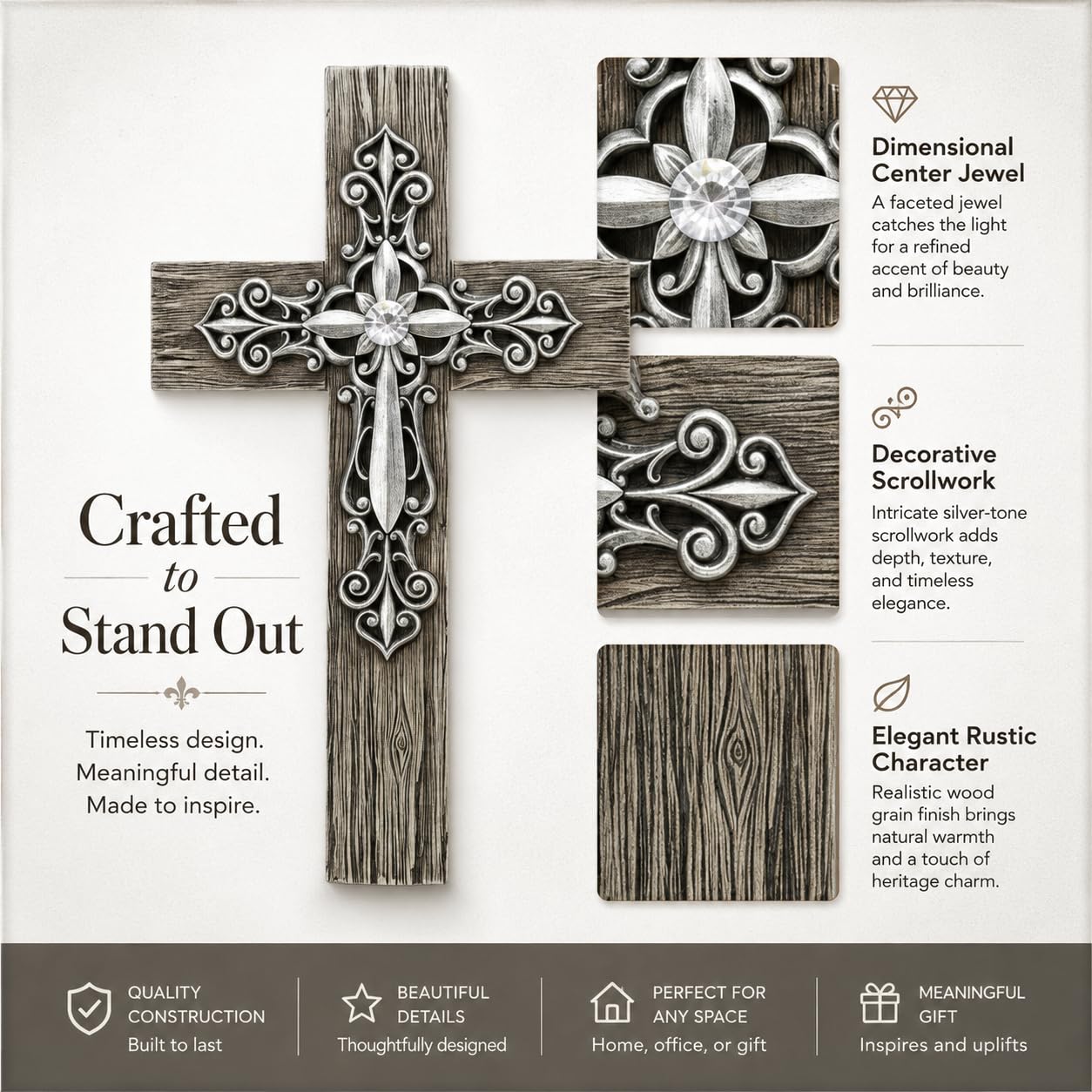 Comfy Hour 14.5 Inch Cross for Wall, Rustic Wood Look Wall Cross, 1 Piece