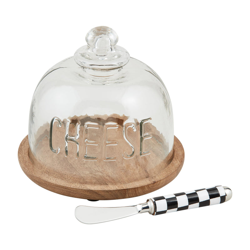 Mud Pie Wood Glass Cheese, cloche 6 1/4" x 7" dia | spreader 5 1/2", BROWN