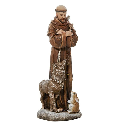 Christian Brands Painted Stone Resin Saint Francis with Animals Sculpture, 8 Inches
