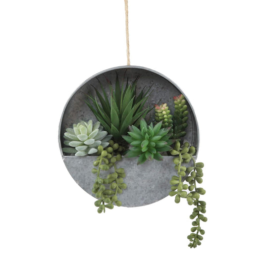 Flora Bunda Modern Artificial Succulent in 8 inch Hanging Galvanized Tin Wall Planter, Boho Wall Decor, Hanging Fake Plants Cactus for Home, Office