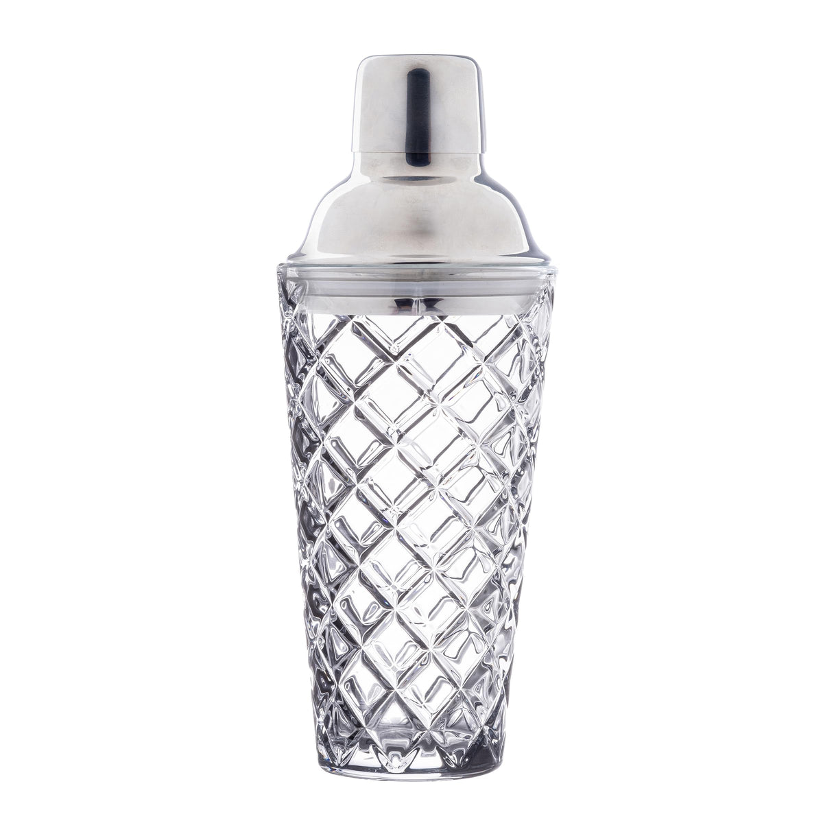 TableCraft 12947 Waverly Collection Diamond Cocktail Shaker, 12 oz, Clear Soda Lime Glass with Stainless Steel Top, 3-Piece Barware Set, Dishwasher Safe, 3.25” x 3.25” x 8.5” – Mix & Serve Cocktails