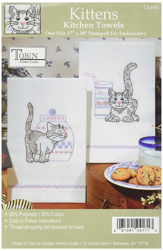 Design Works Crafts Tobin Stamped Kitchen Towels for Embroidery, Kittens