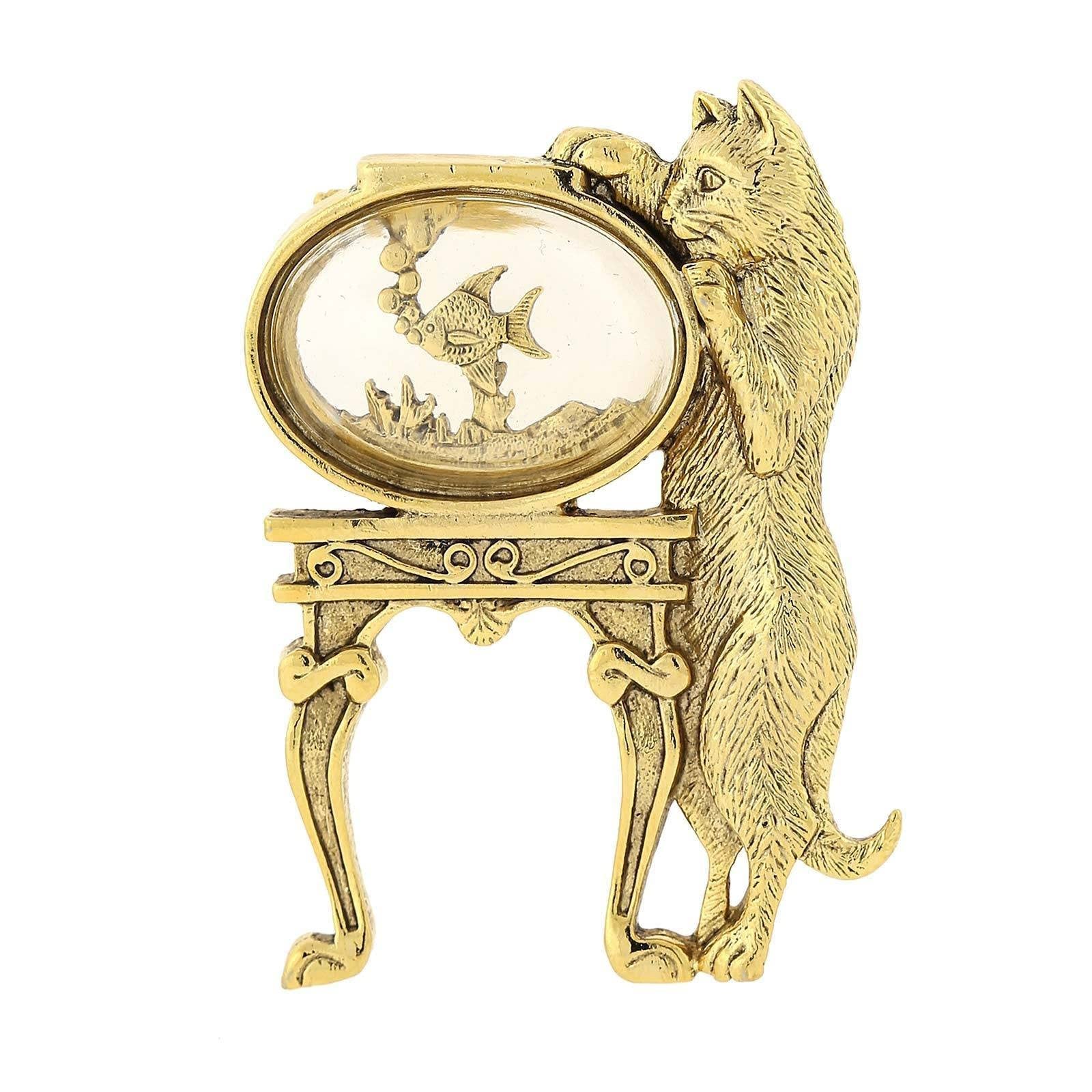 1928 Jewelry Women's 14k Gold-Dipped Crystal Cat and Fish Bowl Pin, Gold, One Size, gold